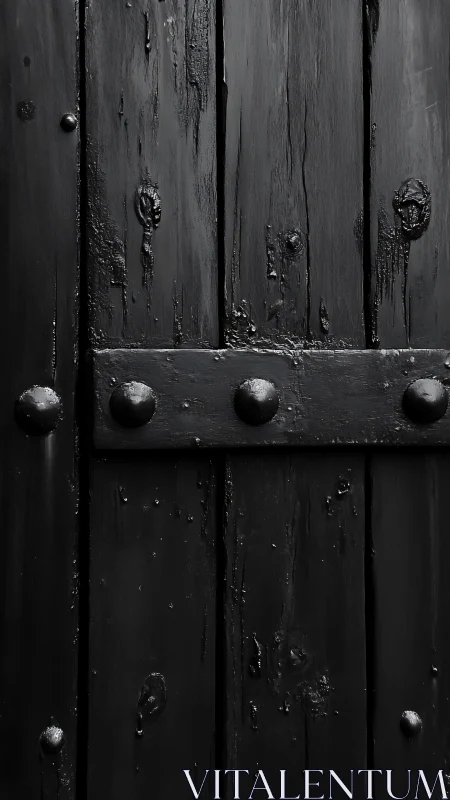 Shadow-soaked wooden gate broods behind iron-studded armor