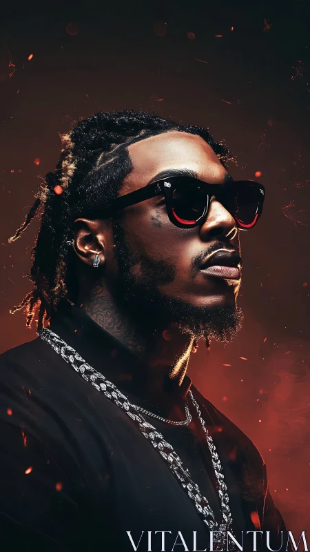 Cinematic hip hop portrait with bokeh embers and rim lighting.