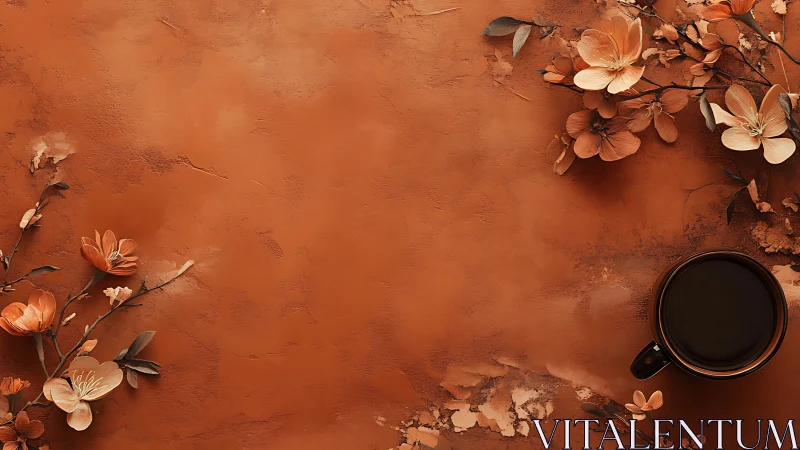 Digital floral coffee still life on textured terracotta ground.