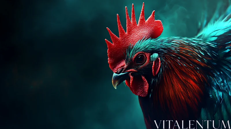 Ornamental Rooster Portrait With Hyperdetailed Vermillion Plumage and Textured Comb Structure