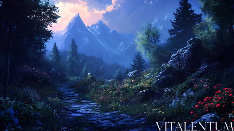 Moonlit alpine path through wildflower forest valley.