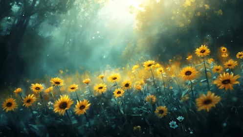 Sunflower Field Under Mystical Forest Canopy Light