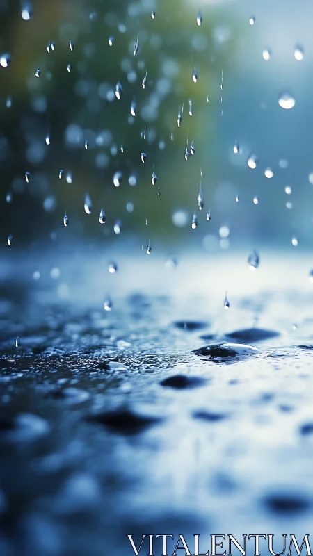 Macro depth-of-field capture of raindrops impacting wet surface.