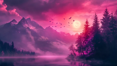 Dreamy pink mountains welcome a glowing moonlit forest sky