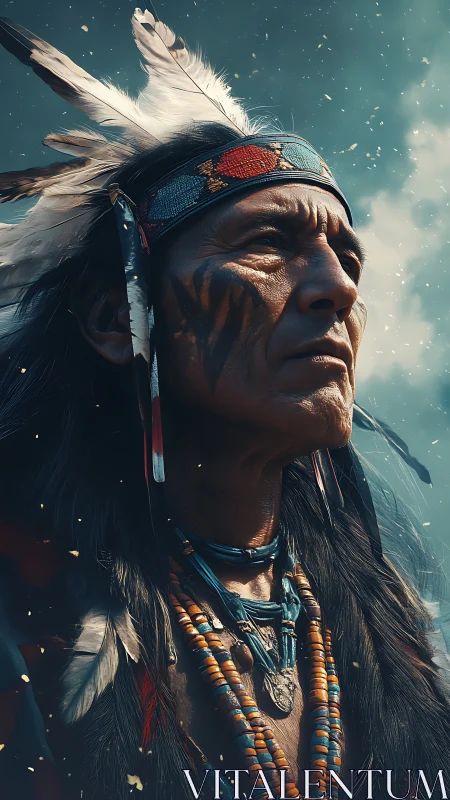 Portrait of an elder in feathered headdress against sky.