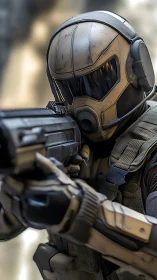 Armored futuristic soldier aiming rifle in tight cinematic close-up