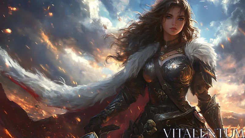 Armored warrior heroine stands against turbulent, firelit sky