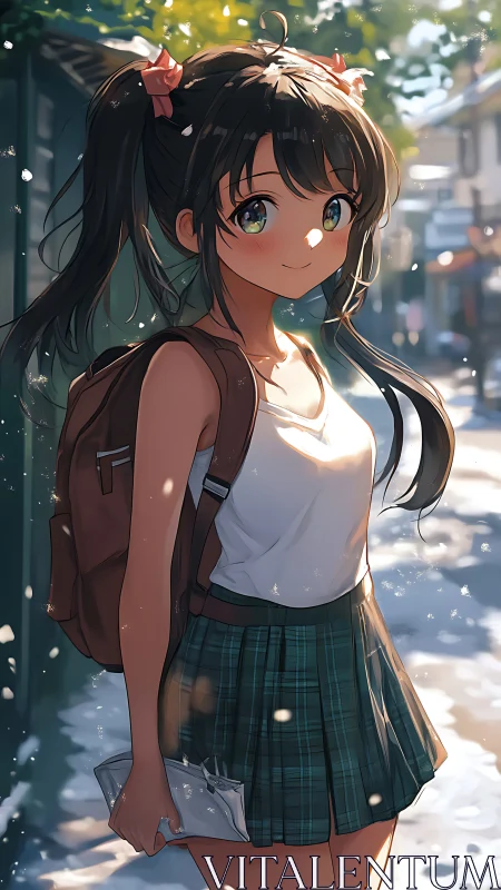 Anime schoolgirl with backpack walking on sunny street.