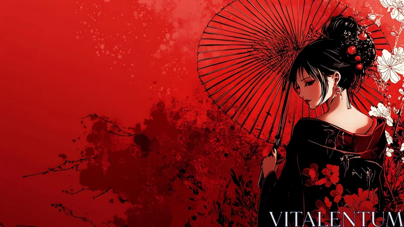 Geisha in black kimono holding parasol on red backdrop.