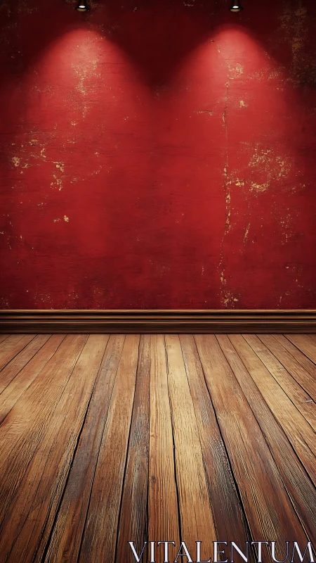 Textured red wall and planked wood floor under spotlights.