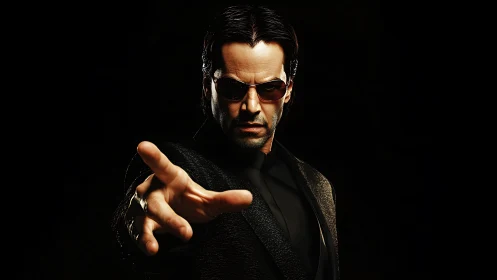 Shadow-clad tech sorcerer reaching through the darkness.