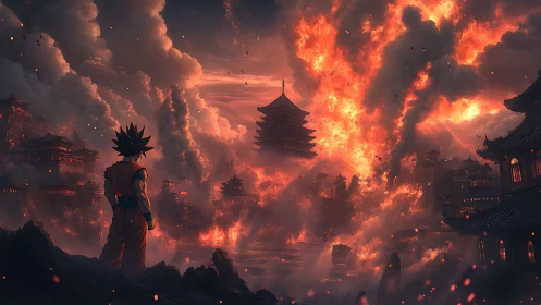 Saiyan observer amid pyroclastic pagoda-city firestorm.