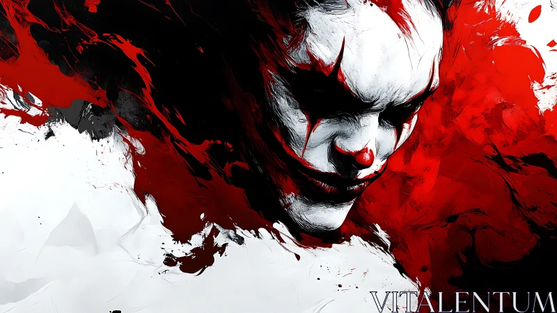 Expressionist clown portrait in red, black and white abstraction