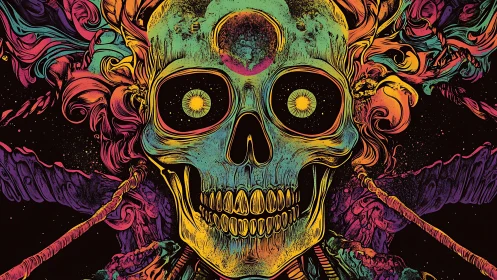 Psychedelic neon skull amid swirling cosmic flames.