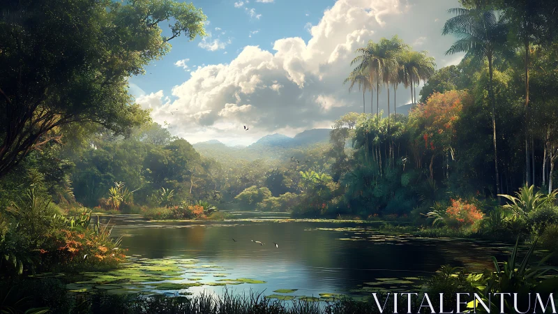 Lush tropical lake landscape sits under bright clouded sky