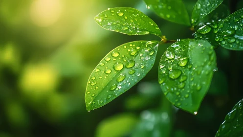 Glowing green leaves with morning dew droplets close-up.