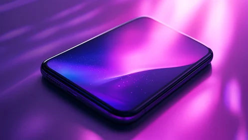 Edge-to-edge smartphone glows in neon purple gradients.