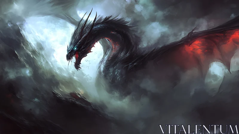 Dark dragon form emerges through dense storm clouds