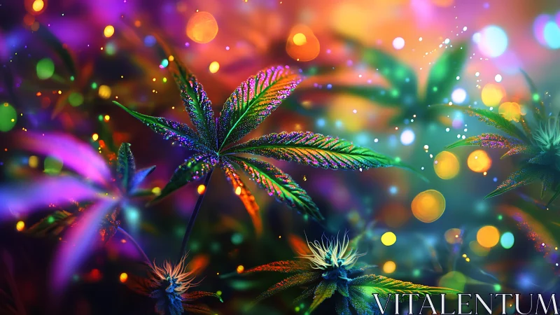 Chromatic cannabis foliage under spectral bokeh illumination.