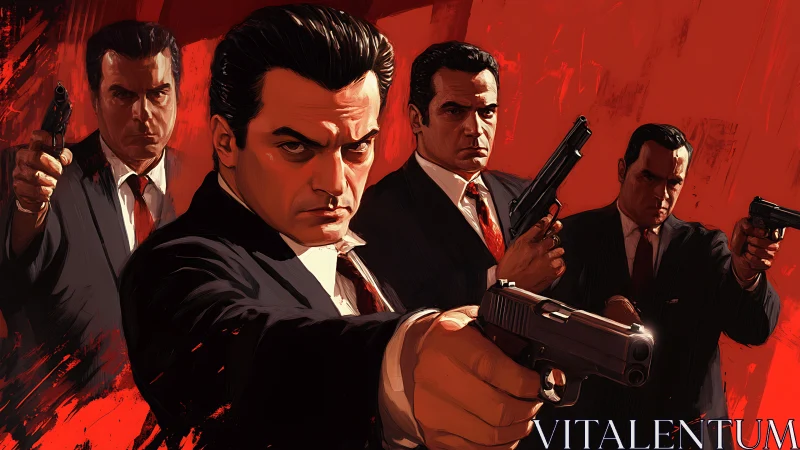 Crimson-slick mob enforcers aim cold resolve at the viewer.