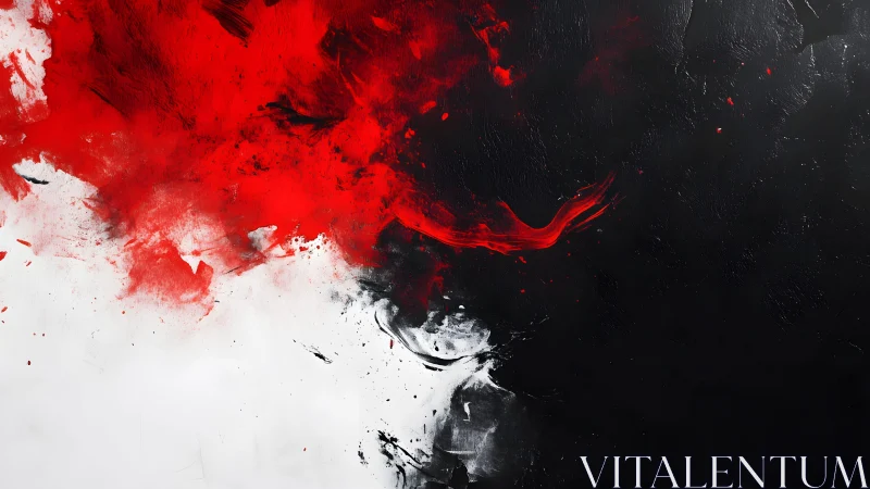Abstract red, black, and white paint splash on dark textured canvas.