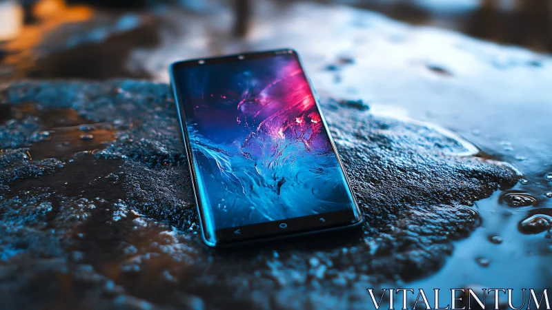 Smartphone with Abstract Digital Display on Wet Stone.