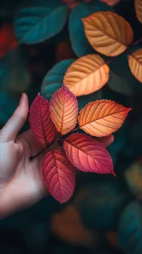 Macro close-up of autumn rose leaves in human hand outdoors