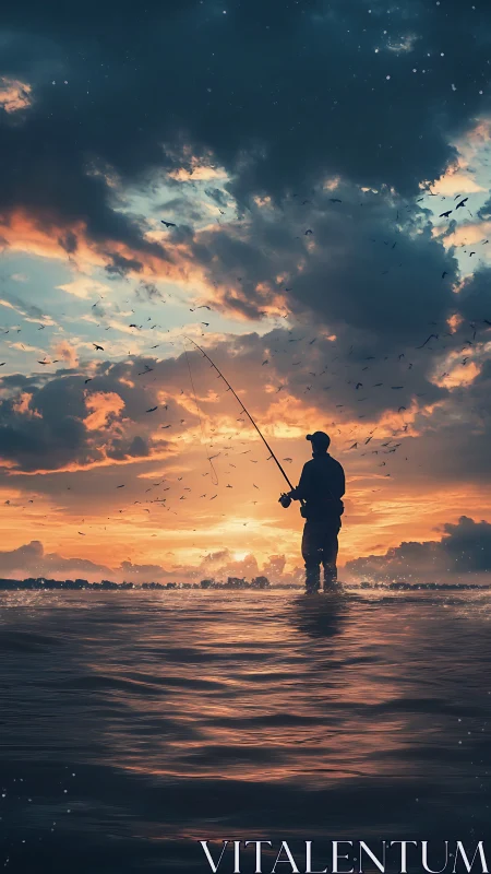 Lone angler silhouettes against blazing sunset sky.