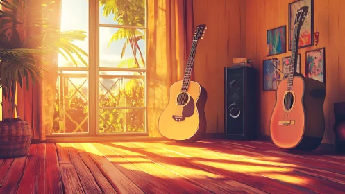 Sunlit guitar studio corner with warm wooden interior.