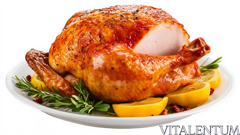 Roasted Whole Chicken with Herbs and Lemon Garnish.