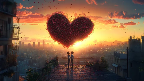 Lovers' Heart Ascends Above Neon Urban Skyline.