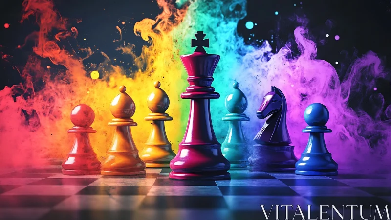 Vibrant chess pieces glow amid swirling neon color clouds
