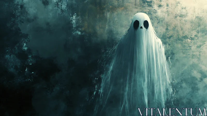 Ghostly figure in tattered shroud against dark misty wall.