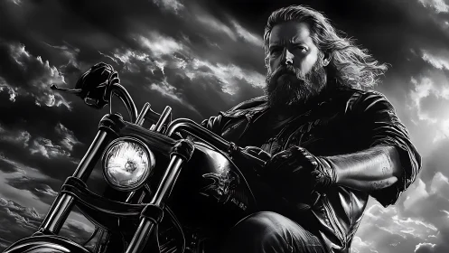 Bearded biker riding motorcycle under stormy night sky.