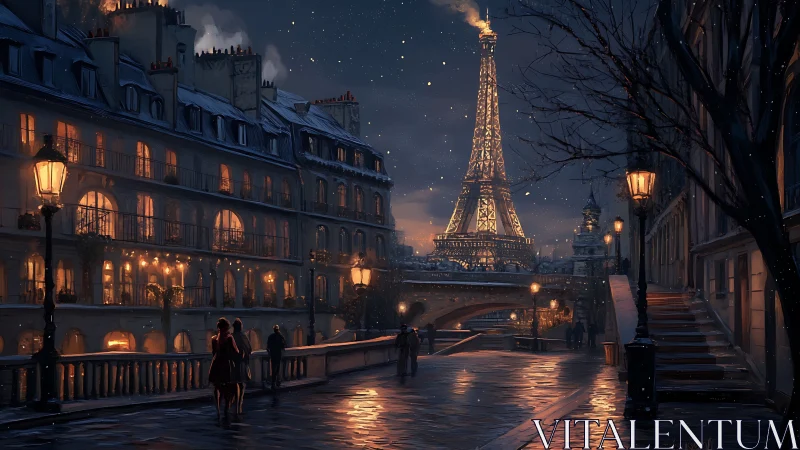 Nocturne Parisian streetscape with illuminated Eiffel Tower.