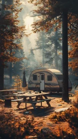 Forest Campground Trailer with Autumn Foliage and Golden Hour Lighting