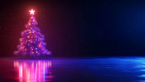 Neon starlit Christmas tree glowing over mirrored ice.