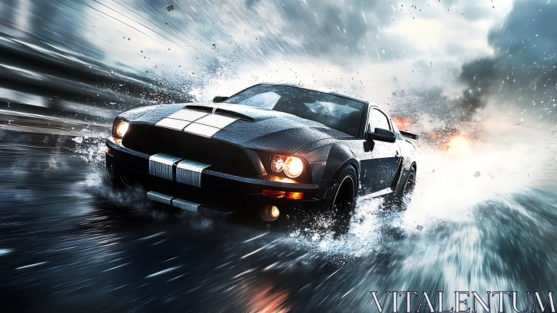 Sports car on wet roadway with water spray and explosions.