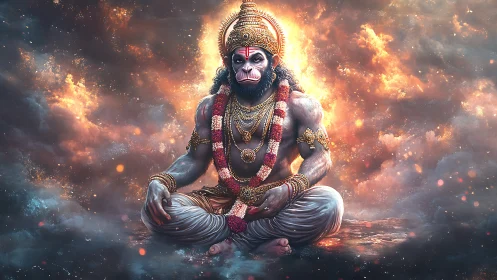 Radiant divine monkey warrior sits in calm celestial light