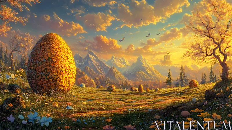 Golden blossom eggs dreaming beneath spellbound mountains.