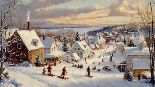 Snowy village children sled down hills at winter sunset.