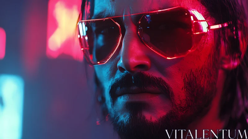 Neon-lit rebel in electric shades stalks the cyber city night.