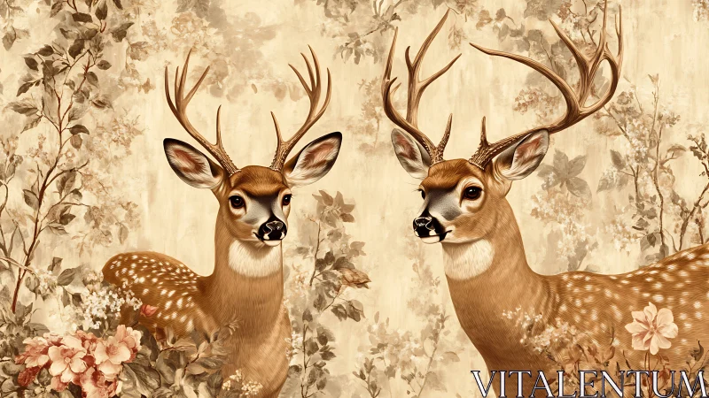 Sepia woodland deer duet amid blooming floral whispers.