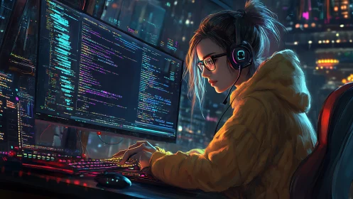 Night-code sorcerer in neon city loft, weaving bright scripts.