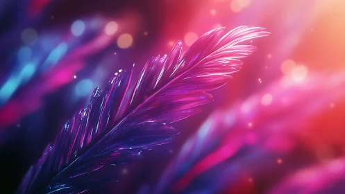 Iridescent crystal feather glows in neon bokeh light