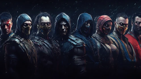 Lineup of hooded armored fighters in low key lighting.