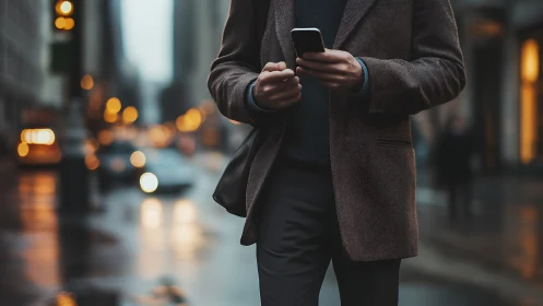Business professional using smartphone on urban street at dusk.