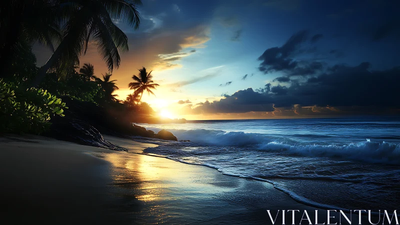 Tropical shoreline at sunset with waves and dark clouds.