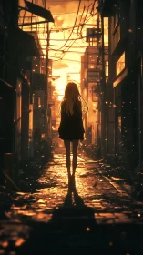 Lonely girl walks a sunlit alley at glowing urban sunset.