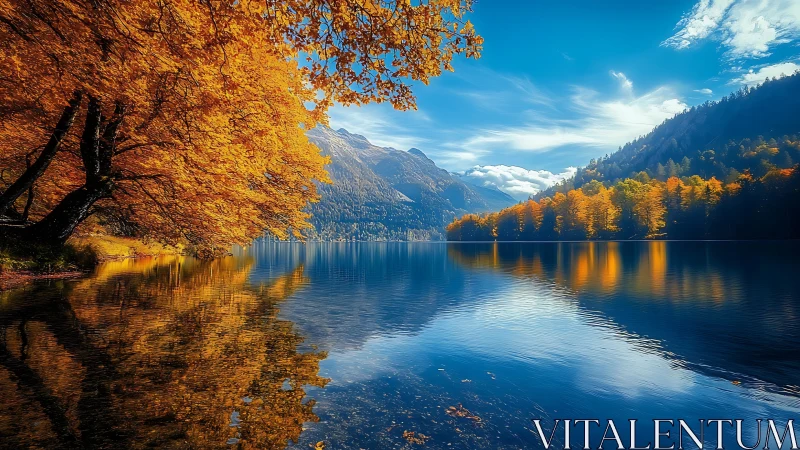 Golden autumn trees mirror on crystal alpine lake surface